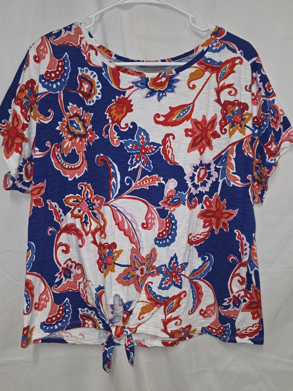 Chico's Blue Floral Tie-Front Tee with Red and Orange Accents